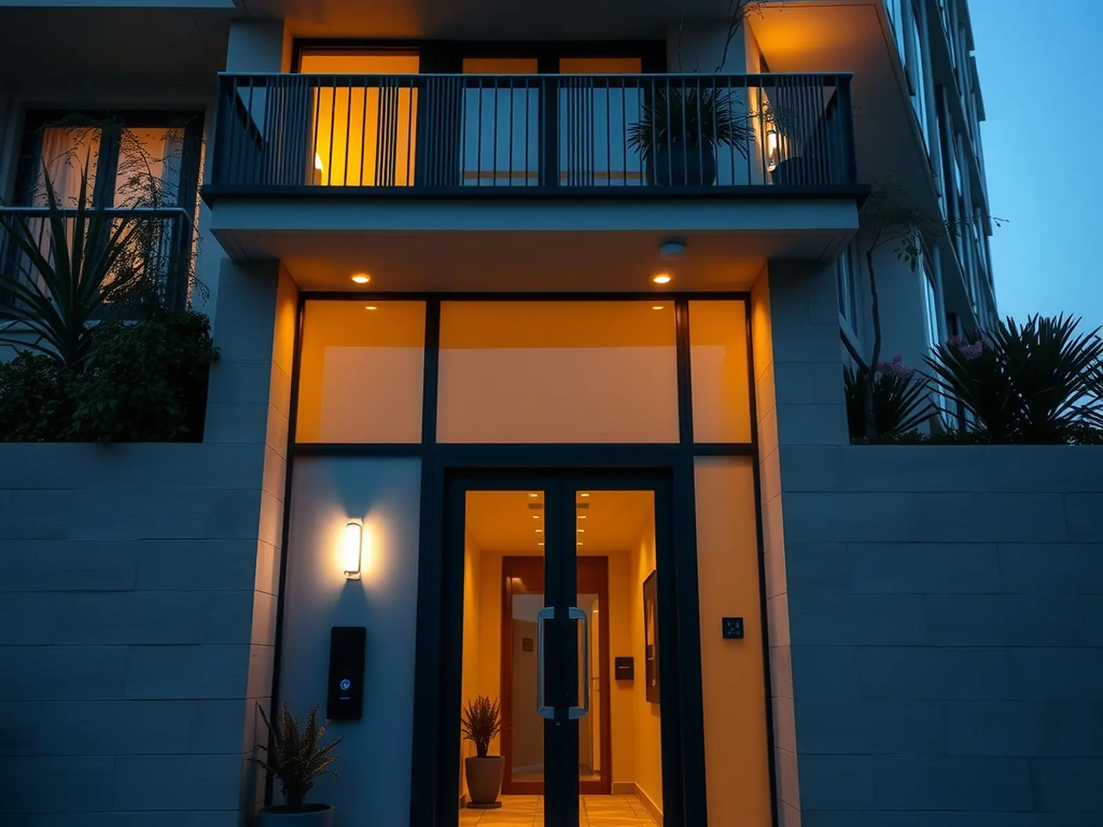 Cam girişli apartman, kapı yanında görüntülü panel