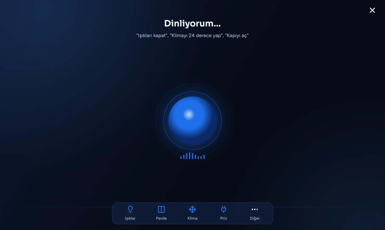 Tablette sesli asistan dinliyor: Işıkları kapat, Klimayı 24 derece yap, Kapıyı aç örnekleri