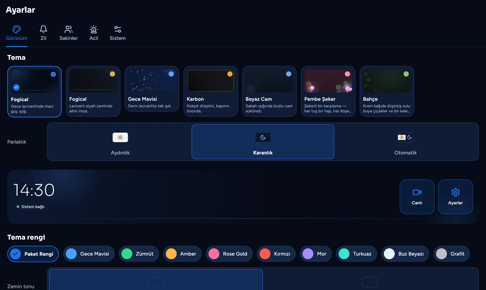 Tablette görünüm ayarları: tema paketleri, aydınlık ve karanlık mod, tema renkleri