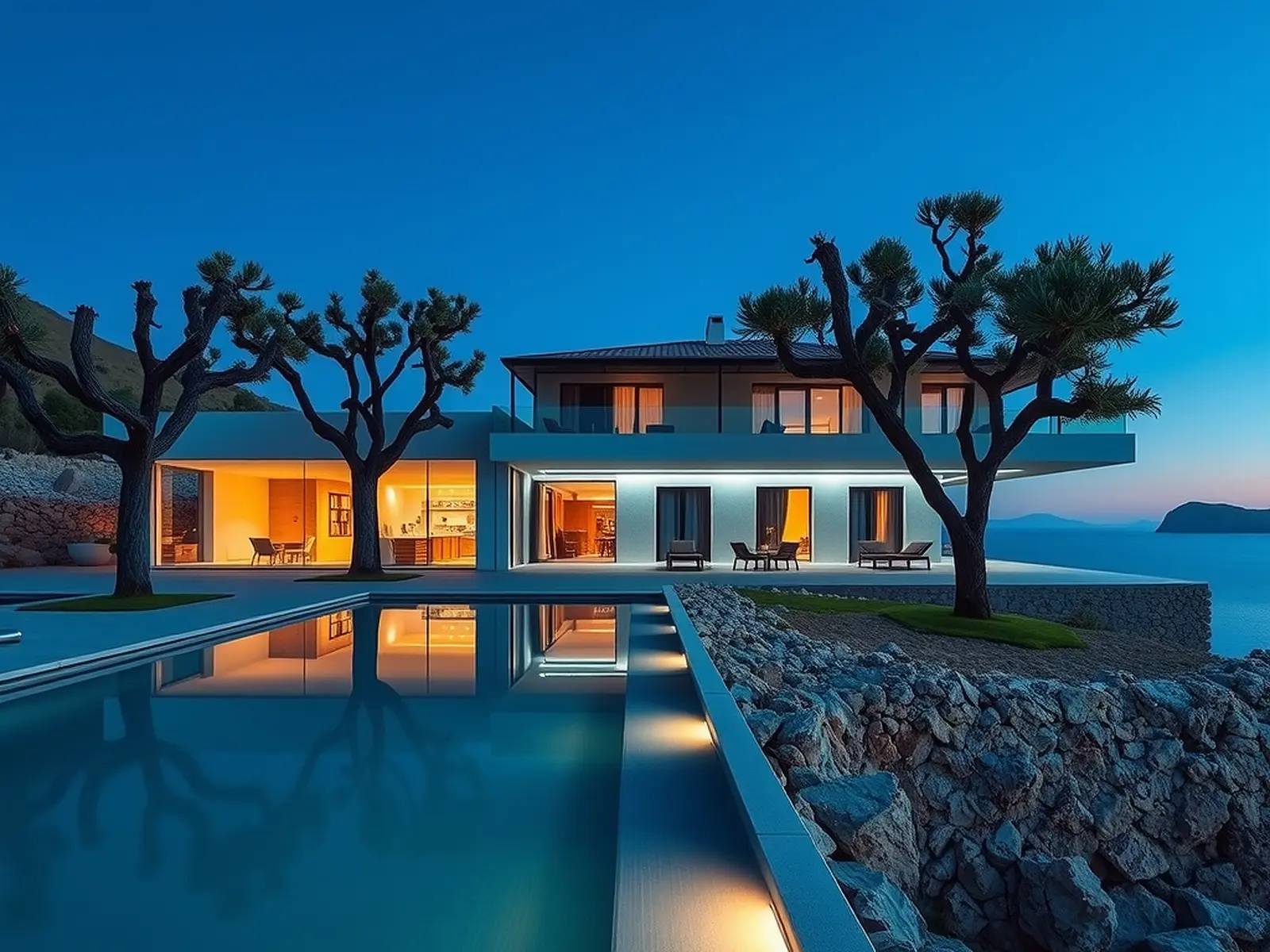 Gece aydınlatılmış, havuzlu modern villa